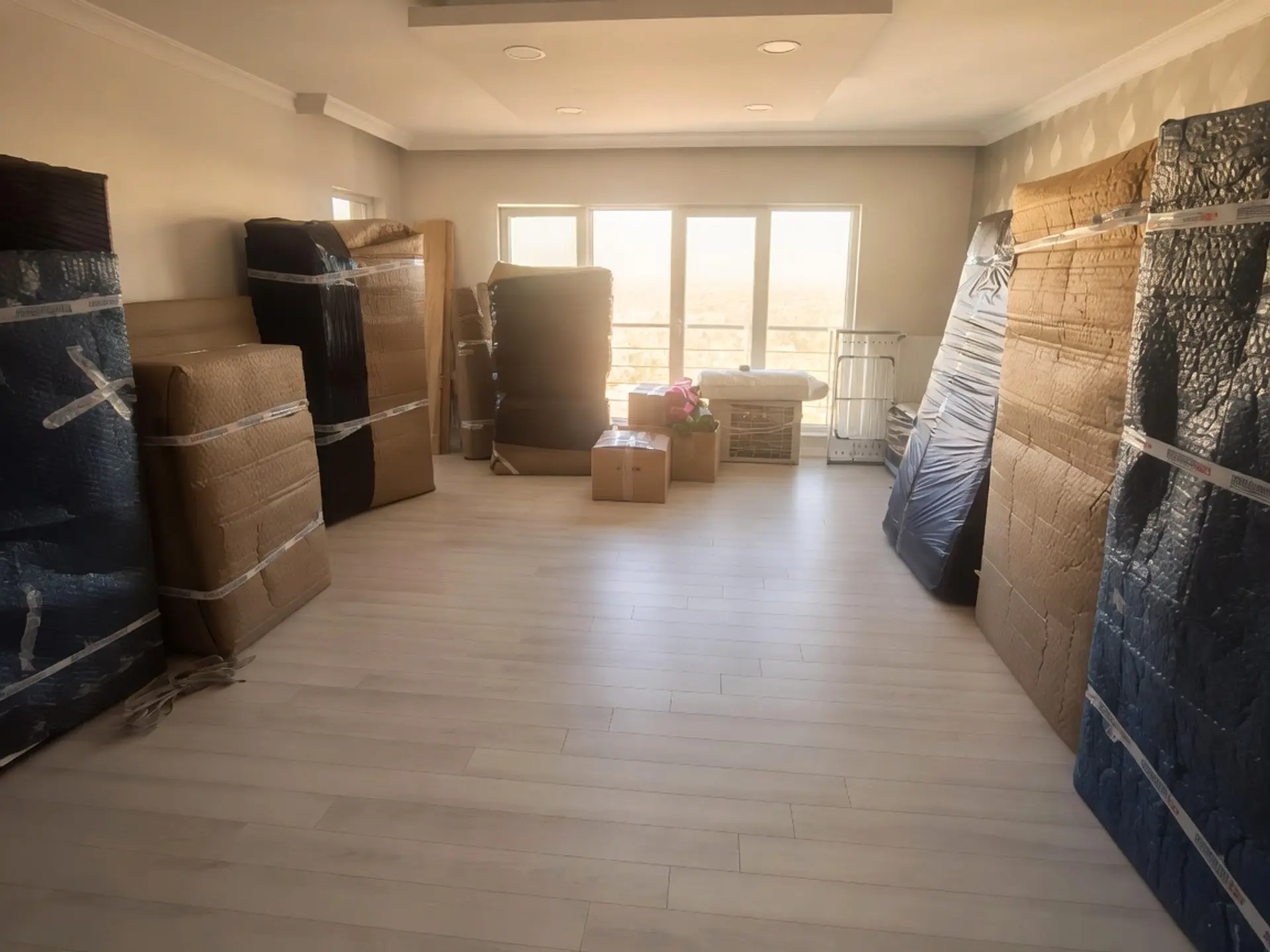 Yeni evde ambalajlı mobilyalar ve koliler yerleşim için hazır bekliyor