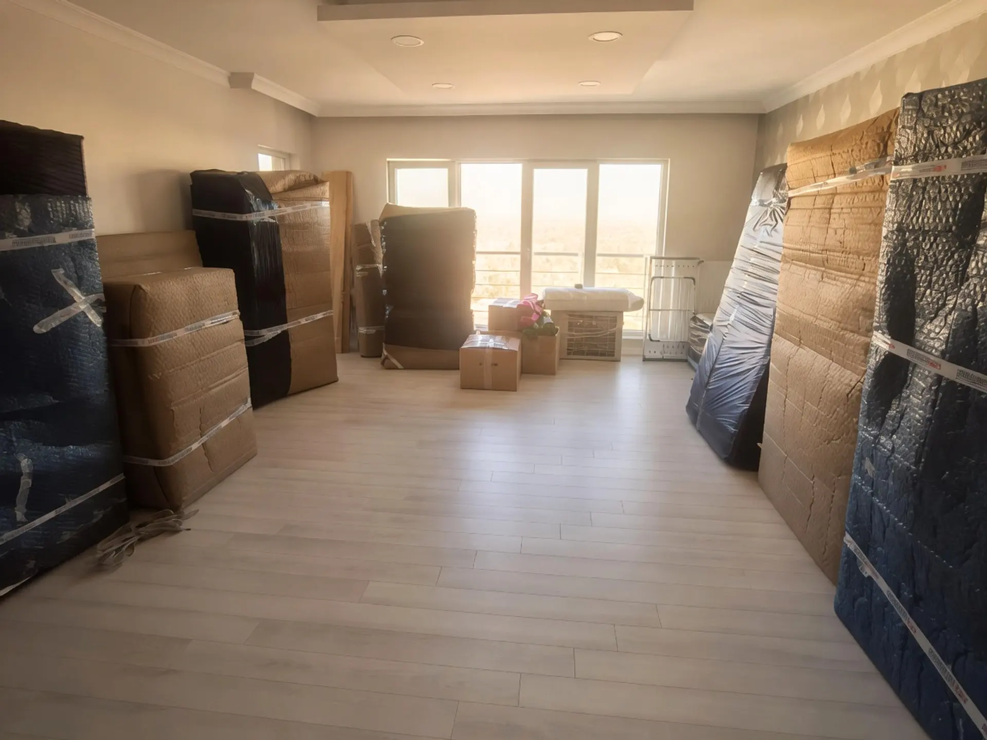 Yeni evde ambalajlı mobilyalar ve koliler yerleşim için hazır bekliyor