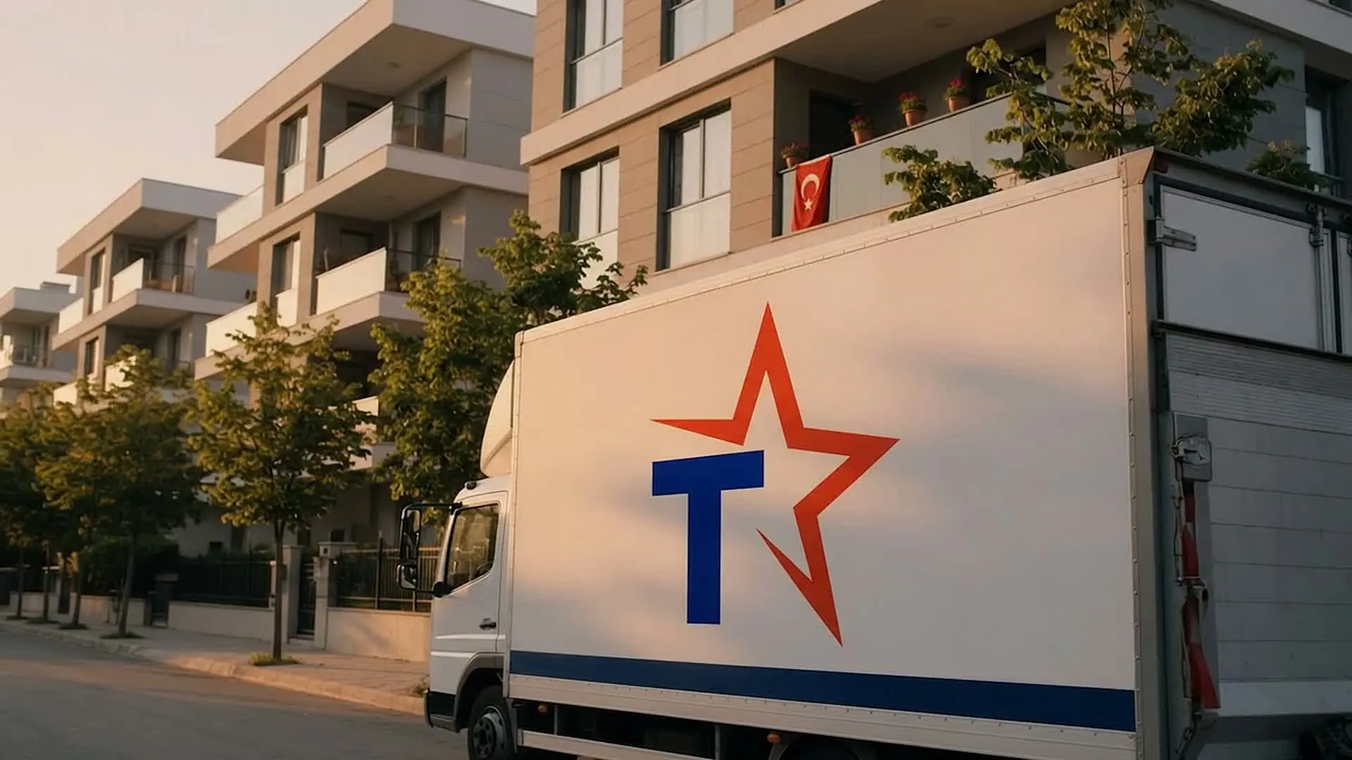 Tekin Nakliyat logolu kapalı kasa kamyon altın saatte bir apartmanın önünde