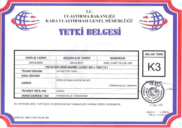 Tekin Nakliyat K3 yetki belgesi, T.C. Ulaştırma Bakanlığı